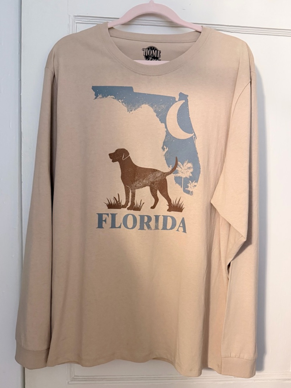 Florida Dog Graphic Long Sleeve Tee - Beige. Mens